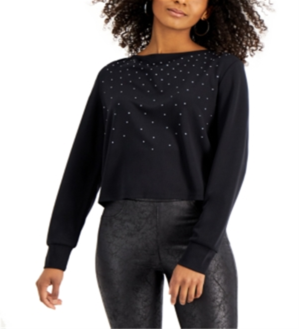 Bar III Women's Studded Long Sleeve Top Black Size Small