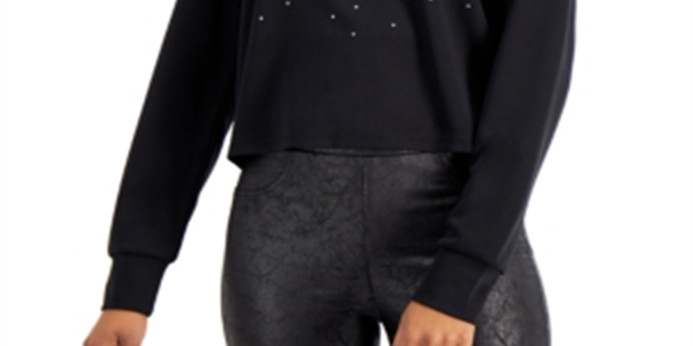 Bar III Women's Studded Long Sleeve Top Black Size Small