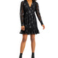 Bar III Women's Embellished Keyhole Back Long Sleeve V Neck Short Fit Flare Dress Black Size Small