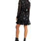 Bar III Women's Embellished Keyhole Back Long Sleeve V Neck Short Fit Flare Dress Black Size Small