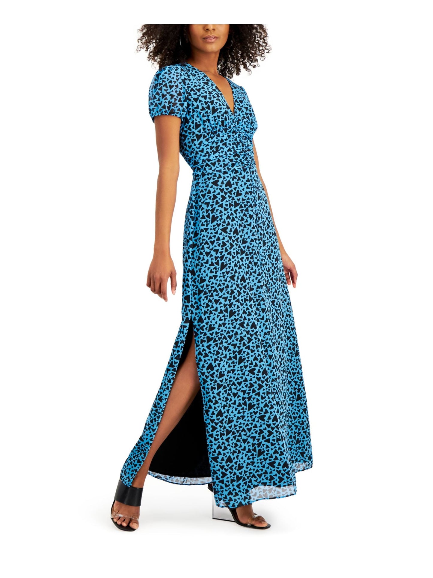 Bar III Heart-Print Ruched-Waist Dress Flutter Heart Blue M