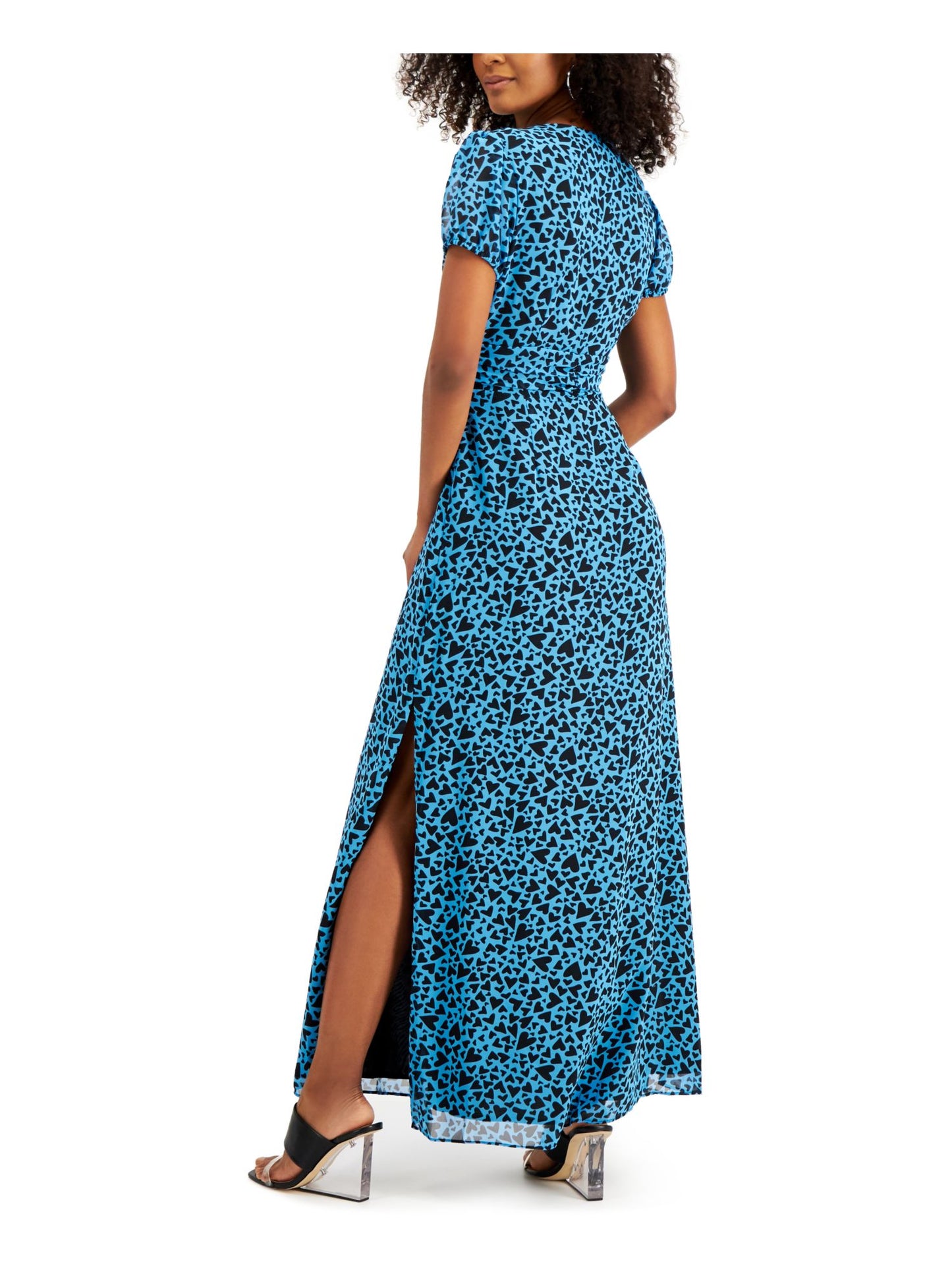 Bar III Heart-Print Ruched-Waist Dress Flutter Heart Blue M