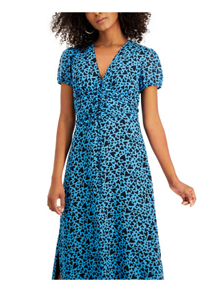 Bar III Heart-Print Ruched-Waist Dress Flutter Heart Blue M