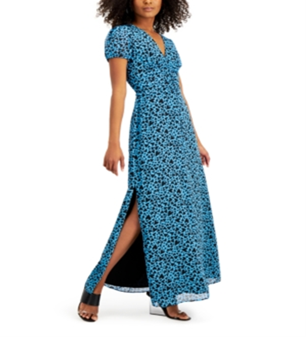 Bar III Heart-Print Ruched-Waist Dress Flutter Heart Blue M