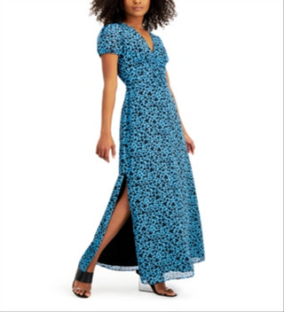 Bar III Heart-Print Ruched-Waist Dress Flutter Heart Blue M