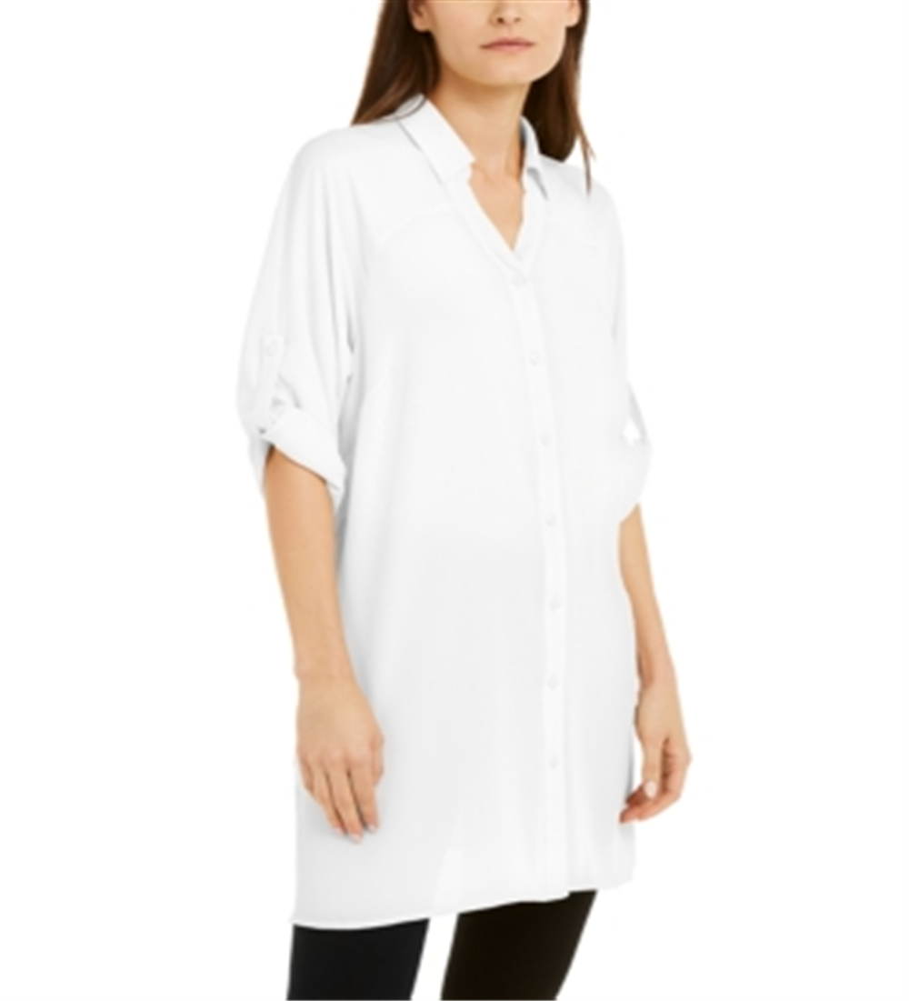 Alfani Women's Roll Tab Tunic Shirt White Size Large