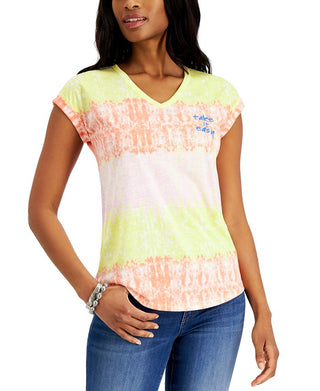 Style & Co Women's Take It Easy Graphic Print Top Yellow Size Petite Medium