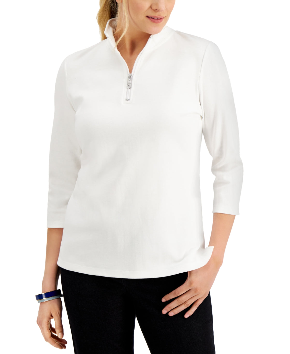 Karen Scott Women's Cotton Zip Neck Top White Size Medium