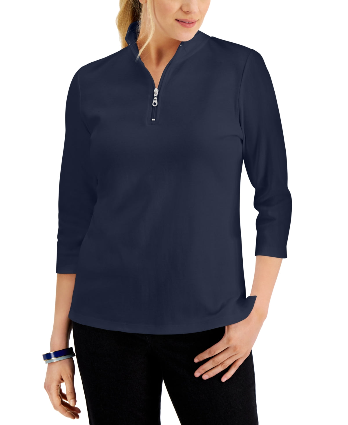 Karen Scott Women's Cotton Zip Neck Top Blue Size X-Small