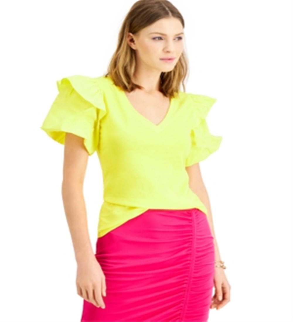 INC International Concepts Women's Ruffled Sleeve Top Yellow Size Medium