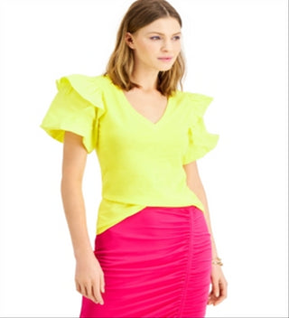 INC International Concepts Women's Ruffled Sleeve Top Yellow Size Medium
