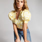 INC International Concepts Women's Printed Puff Sleeve Cropped Blouse Yellow Size Large
