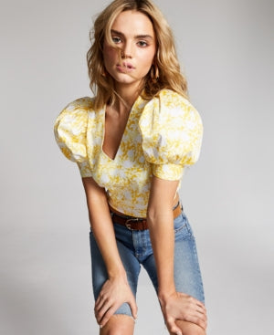 INC International Concepts Women's Printed Puff Sleeve Cropped Blouse Yellow Size Large