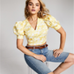 INC International Concepts Women's Printed Puff Sleeve Cropped Blouse Yellow Size Large