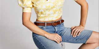 INC International Concepts Women's Printed Puff Sleeve Cropped Blouse Yellow Size Large