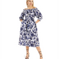 INC International Concepts Women's Cotton Printed Smocked Off The Shoulder Dress Blue Size Large