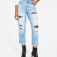 INC International Concepts Women's High Rise Ripped Leopard Boyfriend Jeans Blue Size 10