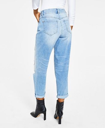 INC International Concepts Women's High Rise Ripped Leopard Boyfriend Jeans Blue Size 10