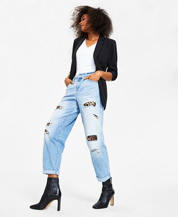 INC International Concepts Women's High Rise Ripped Leopard Boyfriend Jeans Blue Size 10