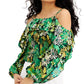 INC International Concepts Women's Printed Cold Shoulder Top Green Size X-Large