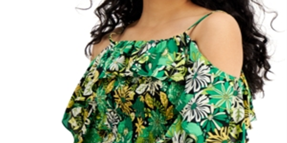 INC International Concepts Women's Printed Cold Shoulder Top Green Size X-Large