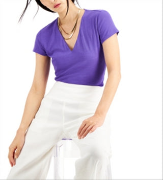 INC International Concepts Women's Ribbed V Neck Top Purple Size X-Large