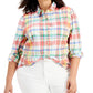 Style & Co Women's Cotton Plaid Button Down Shirt White Size Large