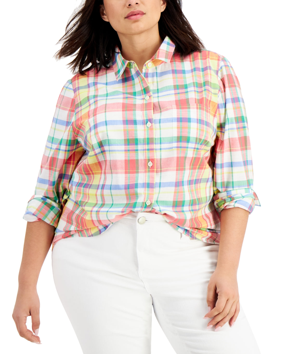 Style & Co Women's Cotton Plaid Button Down Shirt White Size Large