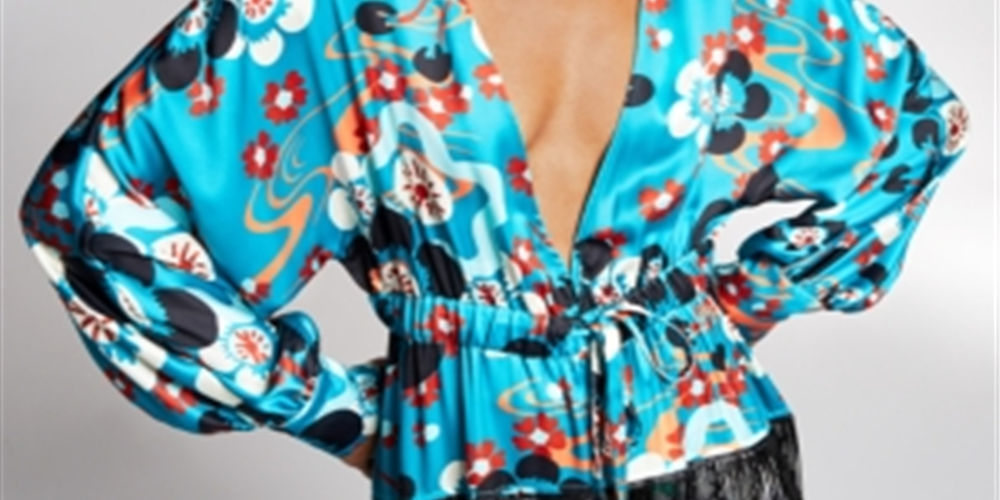 INC International Concepts Women's Beaded Fringe Kimono Blouse Blue Size Small