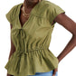 INC International Concepts Women's Ruched Cotton V Neck Blouse Green Size X-Small