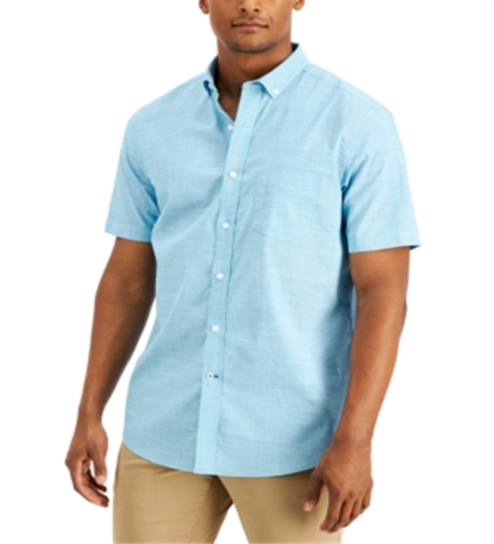 Club Room Men's Texture Check Stretch Cotton Shirt Blue Size Medium