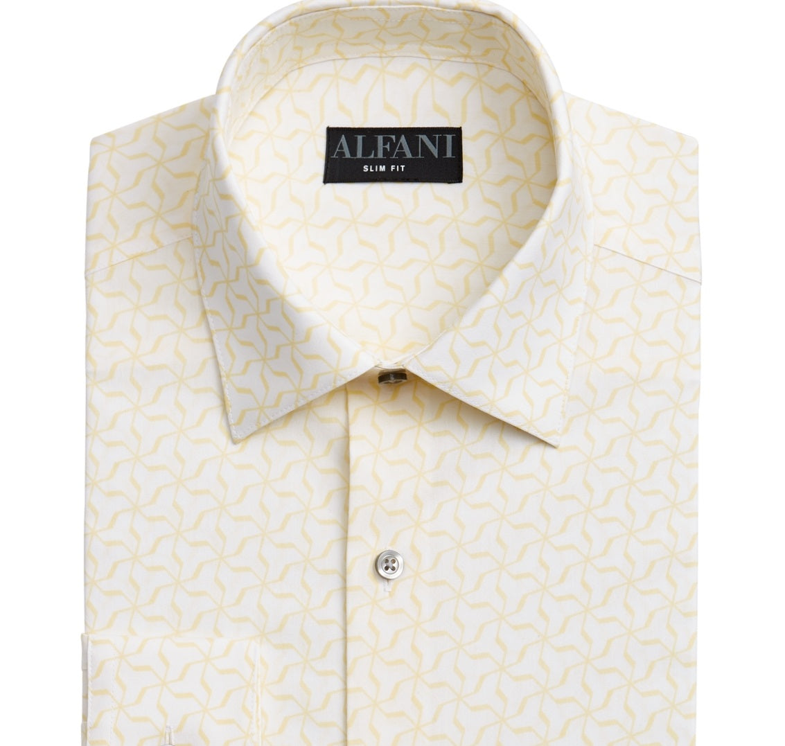 Alfani Men's Slim Fit 2 Way Stretch Performance Dress Shirt Yellow Size 12X34-35
