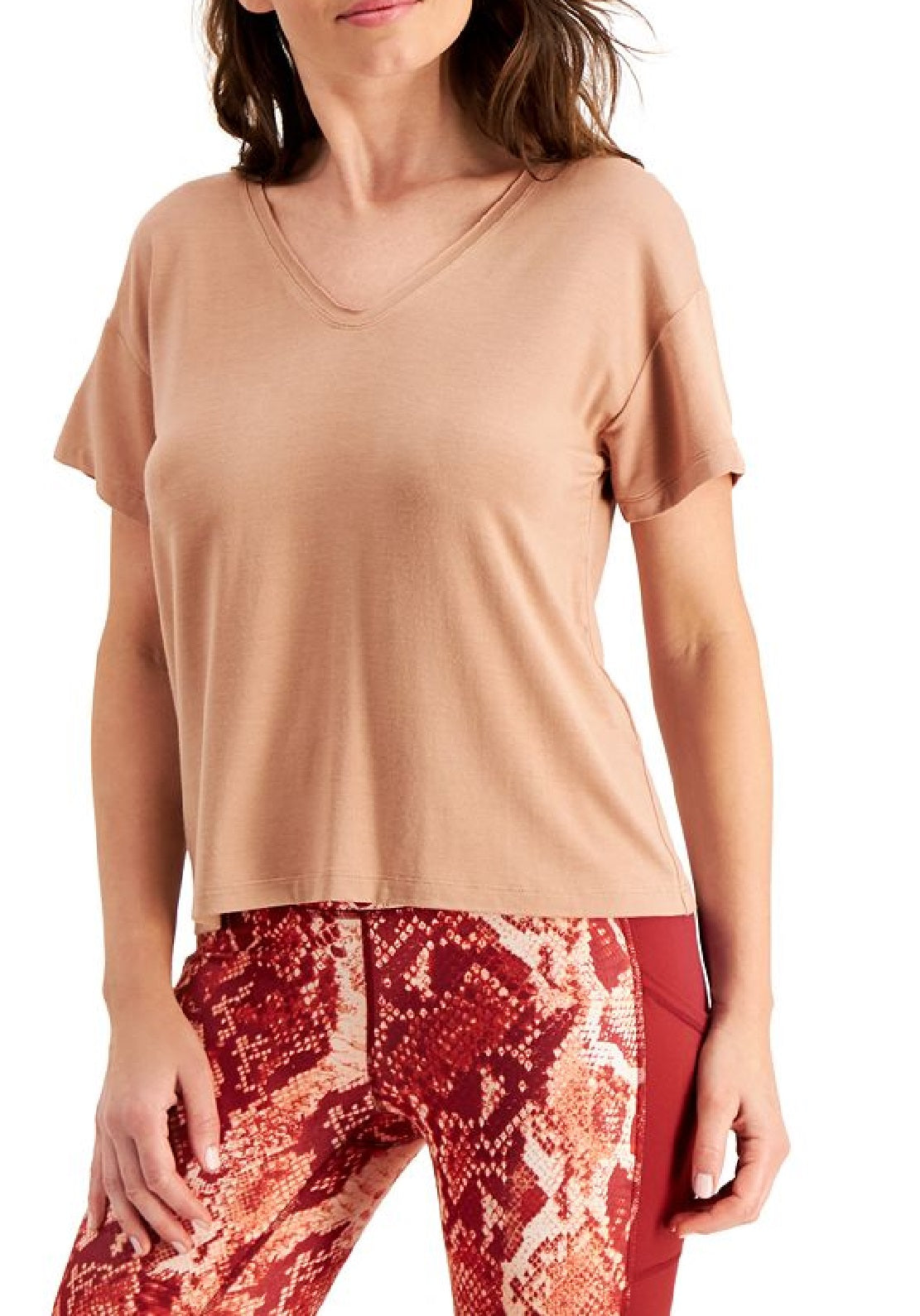 ID Ideology Women's Stretch Ribbed Short Sleeve V Neck T-Shirt Brown Size X-Small