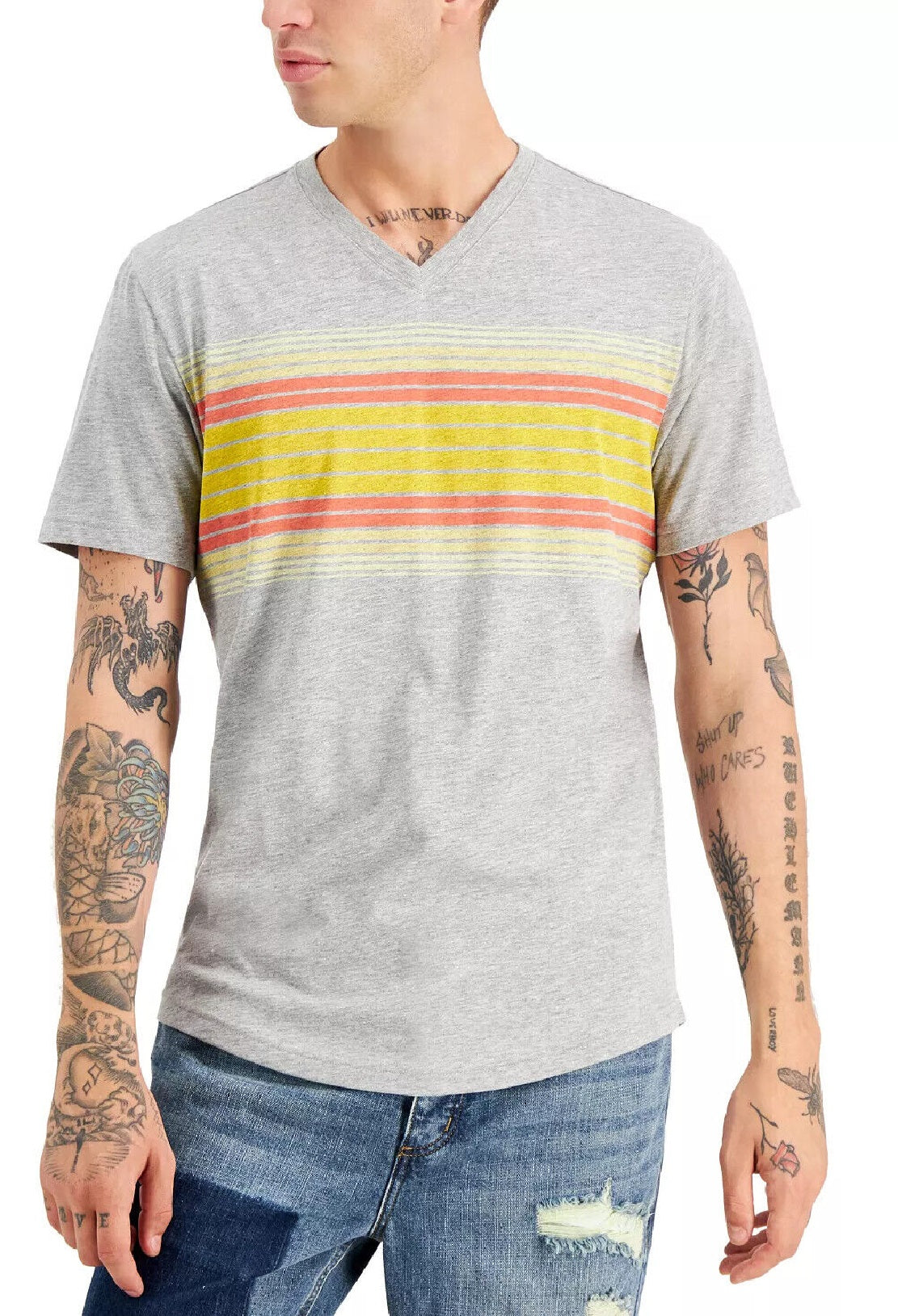 Sun + Stone Men's Southwest Stripe V Neck T-Shirt Gray Size Medium