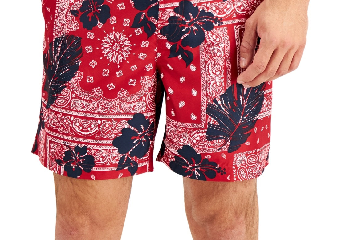 Club Room Men's Floral Bandana 7 Swim Trunks Red Size XX-Large