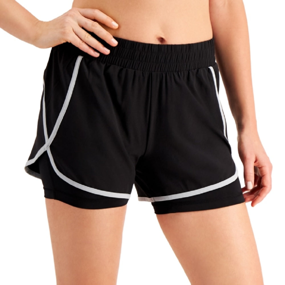 ID Ideology Women's Stretch Pocketed Moisture Wicking Layered Look Active Wear Shorts Black Size Large
