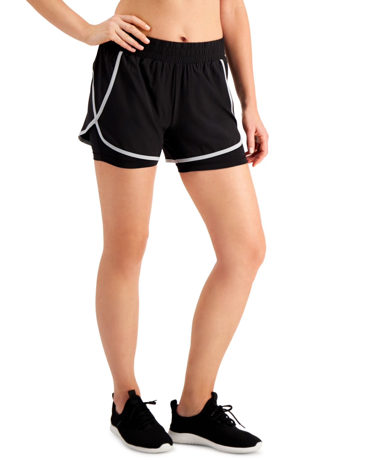 ID Ideology Women's Stretch Pocketed Moisture Wicking Layered Look Active Wear Shorts Black Size Large