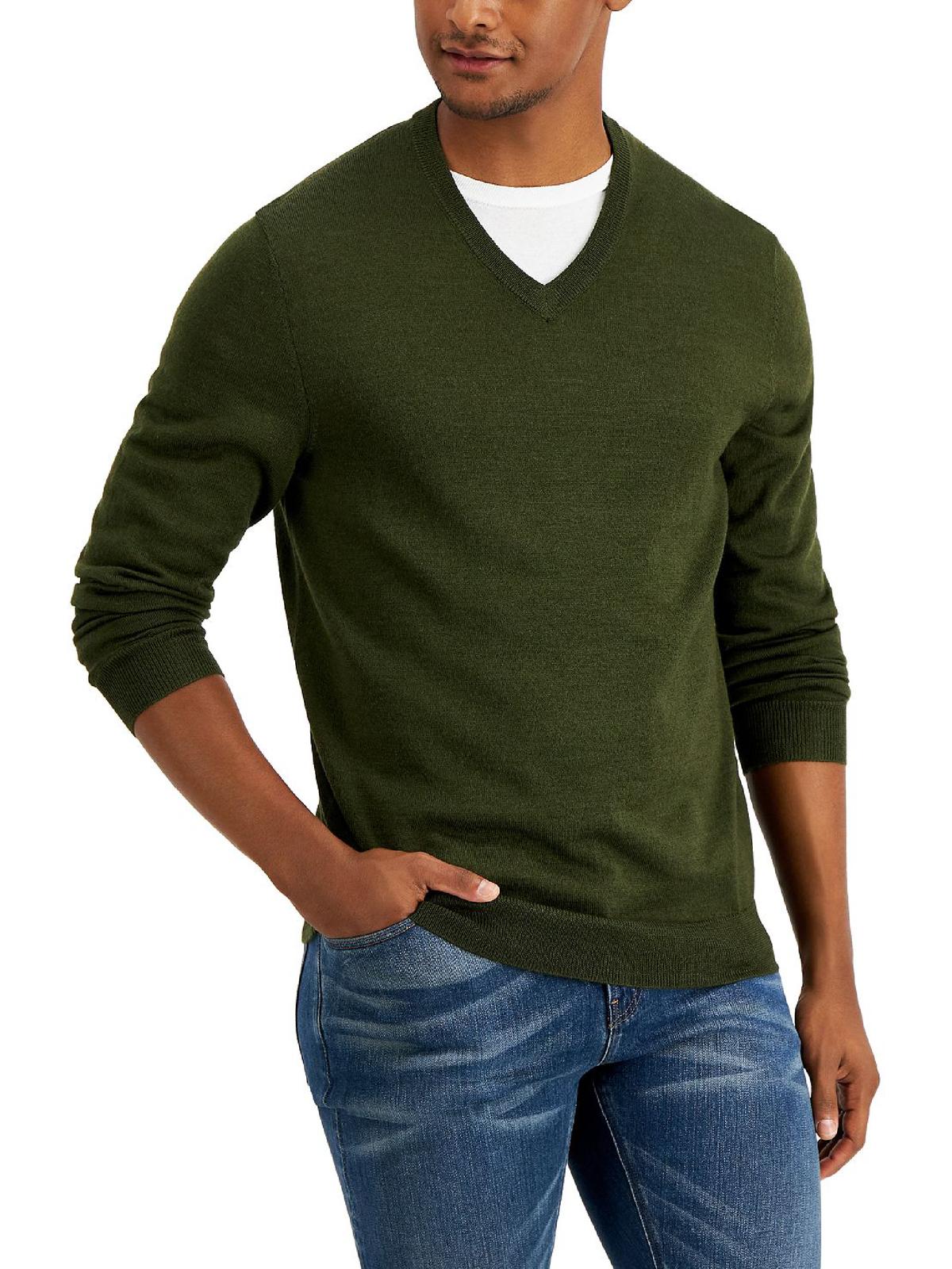 Club Room Men's Solid V Neck Merino Wool Blend Sweater Green Size XX Large