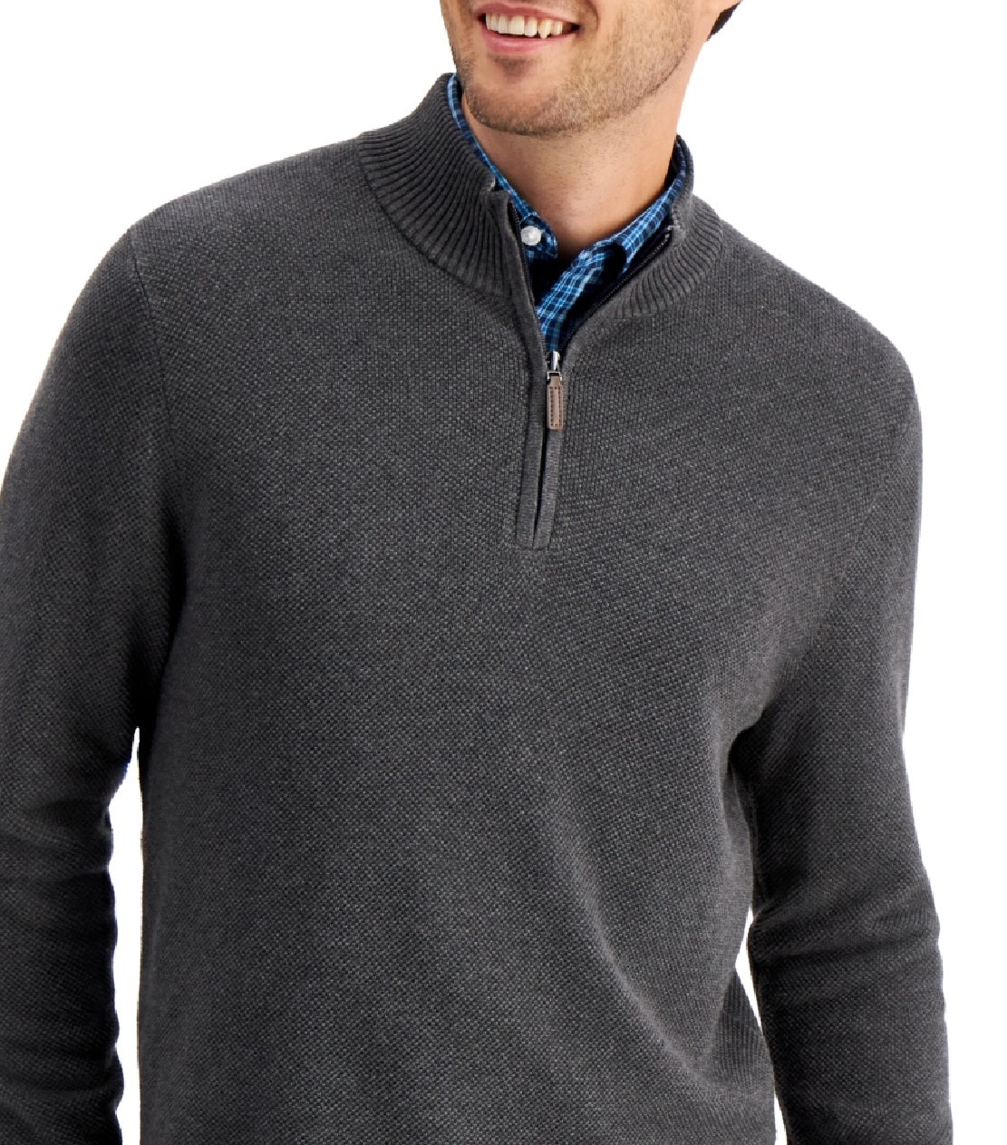 Club Room Men's Quarter Zip Textured Cotton Sweater Gray Size Large