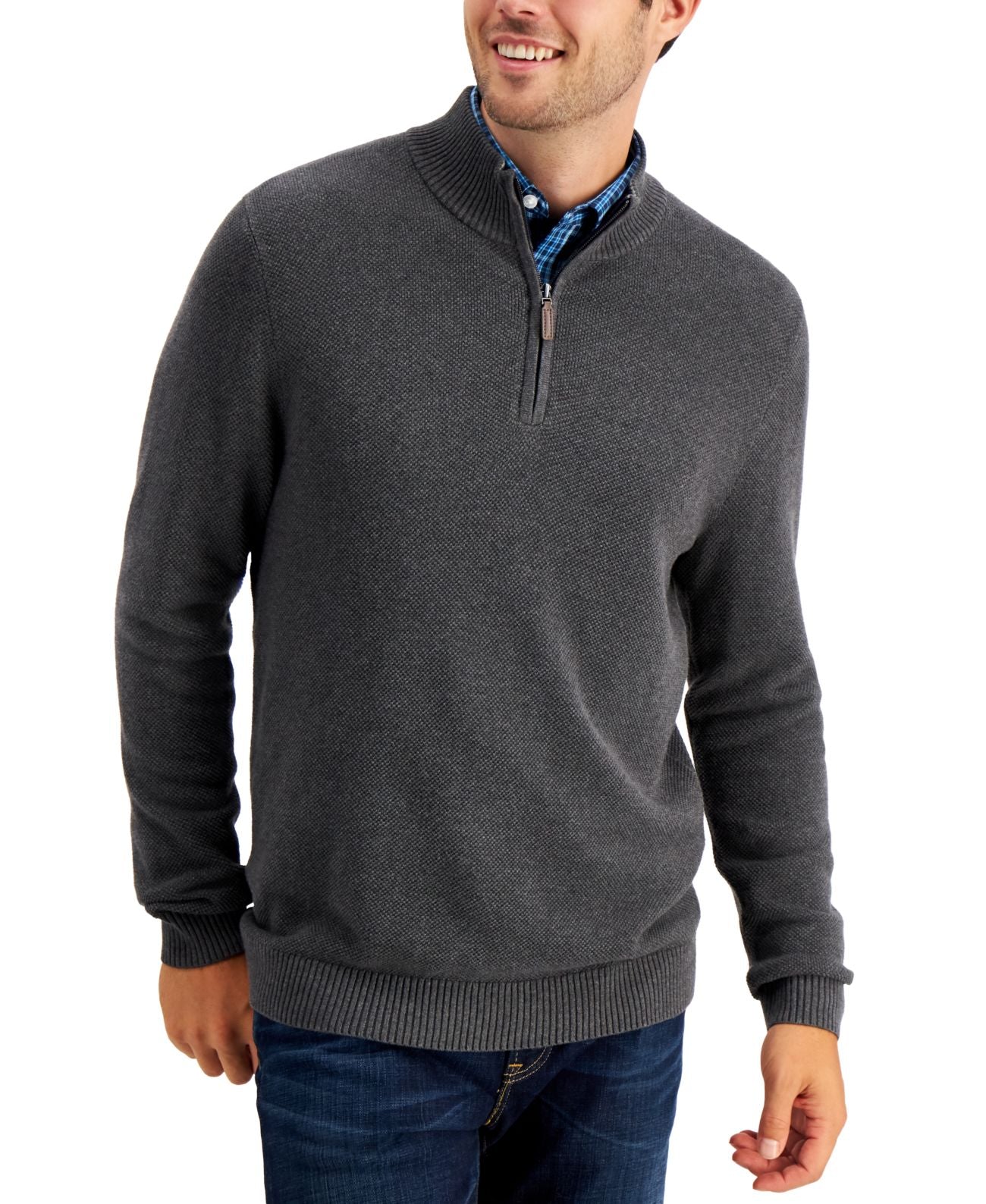 Club Room Men's Quarter Zip Textured Cotton Sweater Grey Size X-Large