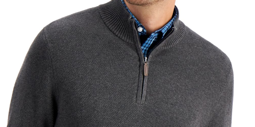 Club Room Men's Quarter Zip Textured Cotton Sweater Grey Size X-Large