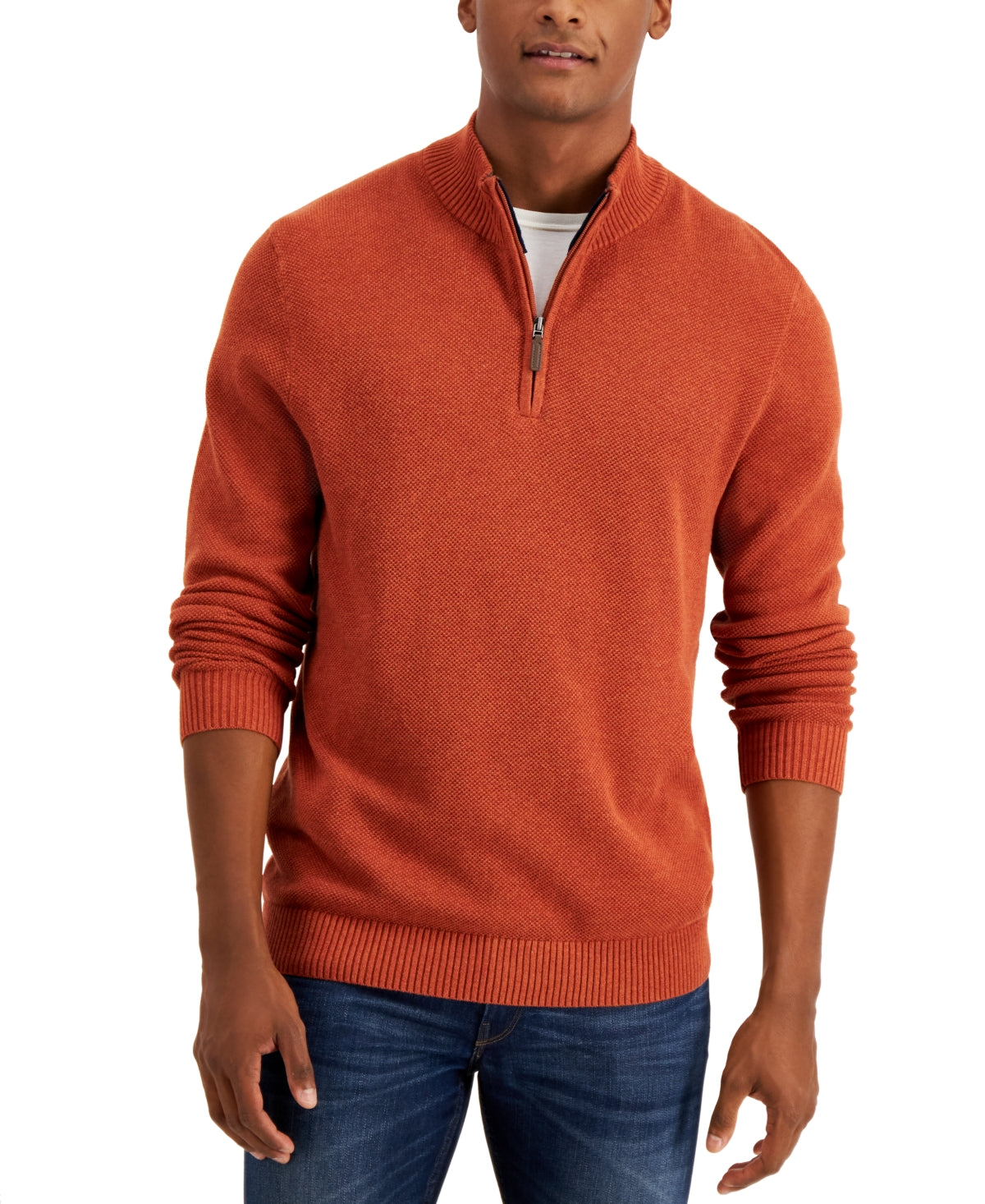 Club Room Men's Quarter Zip Textured Cotton Sweater Orange Size Large