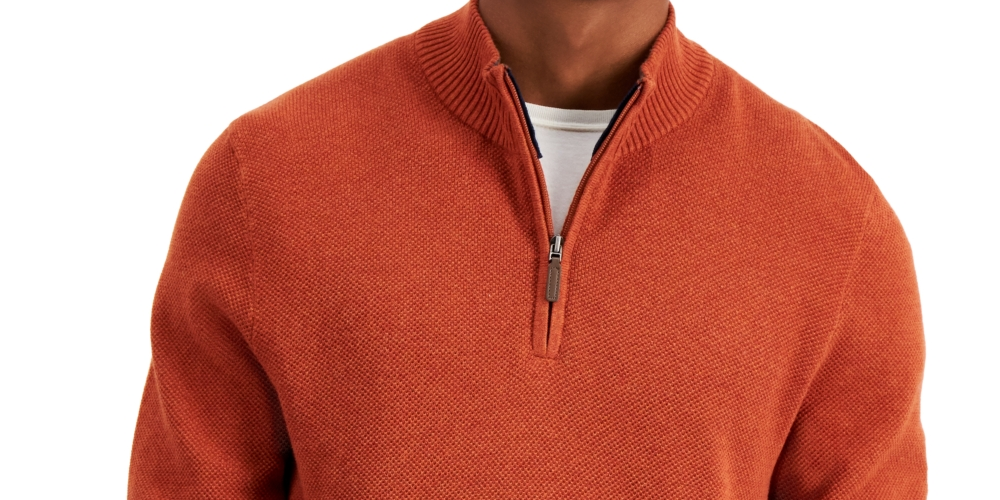Club Room Men's Quarter Zip Textured Cotton Sweater Orange Size Large