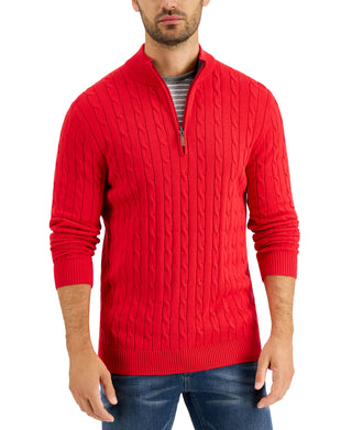 Club Room Men's Cable Knit Quarter Zip Cotton Sweater Red Size Medium