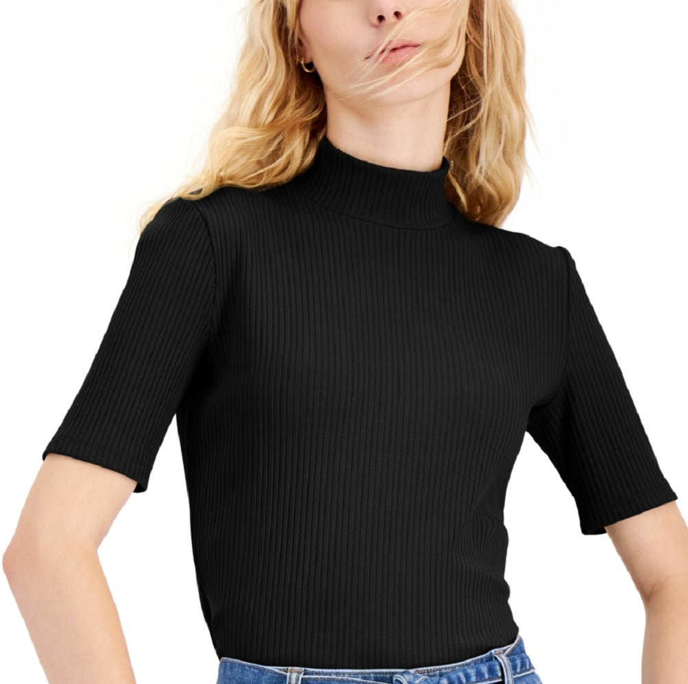 INC International Concepts Women's Elbow Sleeve Mock Neck Solid Knit Top Black Size Medium