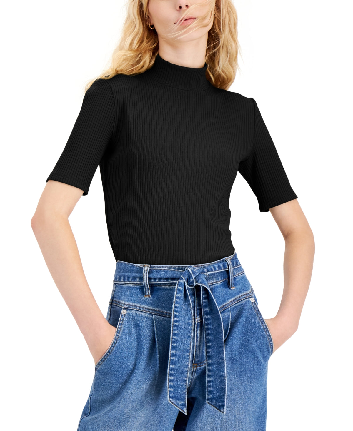 INC International Concepts Women's Elbow Sleeve Mock Neck Solid Knit Top Black Size Medium