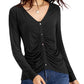 INC International Concepts Women's Ruched Button Detail Long Sleeve Top Black Size Small