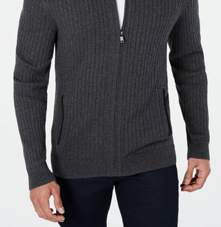 Alfani Men's Ribbed Full Zip Sweater Gray Size Medium