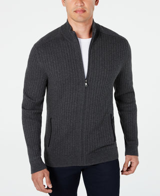 Alfani Men's Ribbed Full Zip Sweater Gray Size Medium