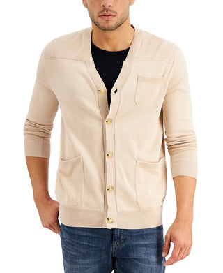 Alfani Men's Cotton Ribbed Trim Cardigan Sweater Brown Size X-Large